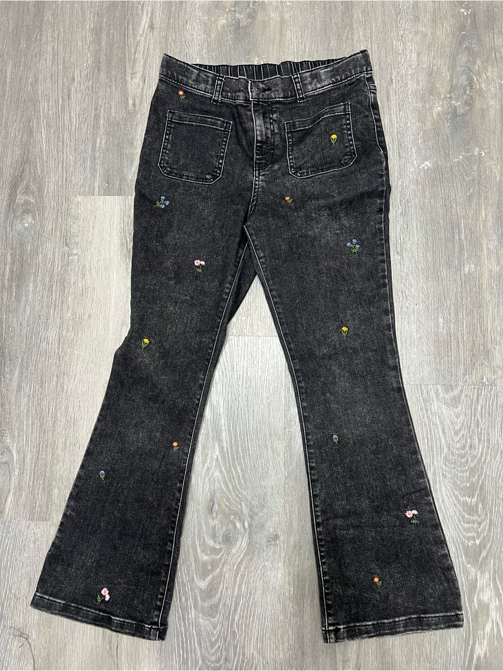 Cat & Jack Black Flare Jeans with Tiny Multicolor Floral Embroidery